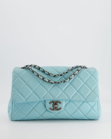 Top Quality Chanel Baby Blue Single Flap Bag in Aged Calfskin Leather with Ruthenium Hardware