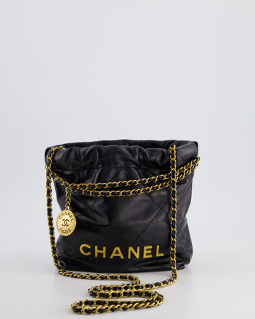 Top Quality Chanel 22 Mini Hobo Bag in Black Shiny Lambskin with Brushed Gold Hardware