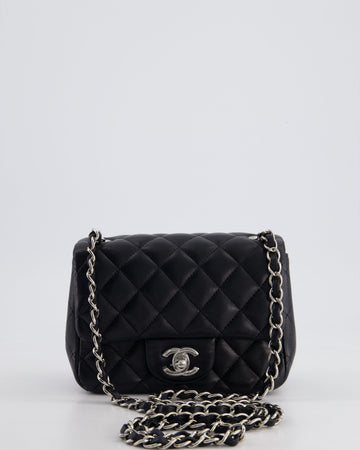 *HOT* Top Quality Chanel Black Mini Square Flap Bag in Lambskin with Silver Hardware
