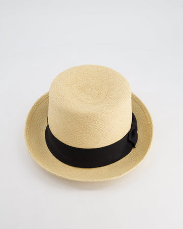 Top Quality Chanel Beige Raffia Woven Hat with Black Bandeaux and CC Logo Size L