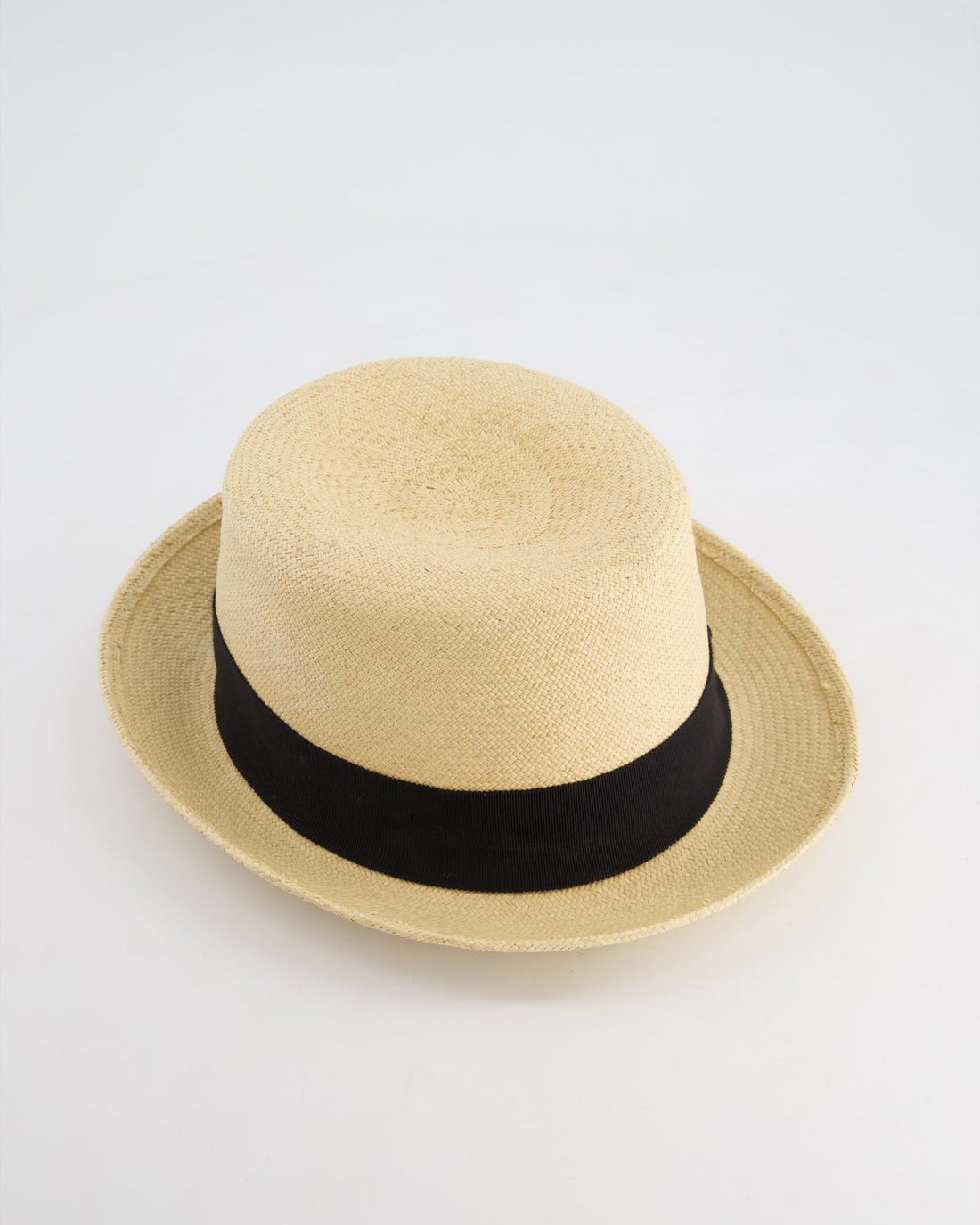 Top Quality Chanel Beige Raffia Woven Hat with Black Bandeaux and CC Logo Size L