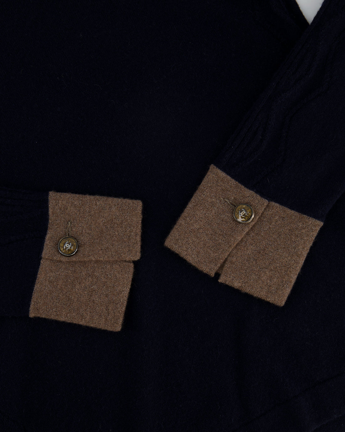 Top Quality Chanel Navy Cashmere Jumper with Metallic Brown Details and CC Logo Buttons Size FR 40 (UK 12)