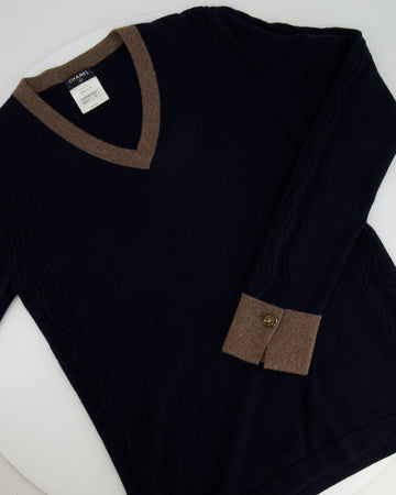 Top Quality Chanel Navy Cashmere Jumper with Metallic Brown Details and CC Logo Buttons Size FR 40 (UK 12)