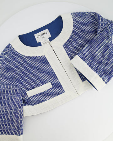 Top Quality Chanel Blue and White Mid-Sleeve Cropped Jacket with Zip and Pockets Size FR 38 (UK 10)