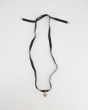 Top Quality Chanel Black Leather Necklace with Champagne Gold CC Heart Pendant
