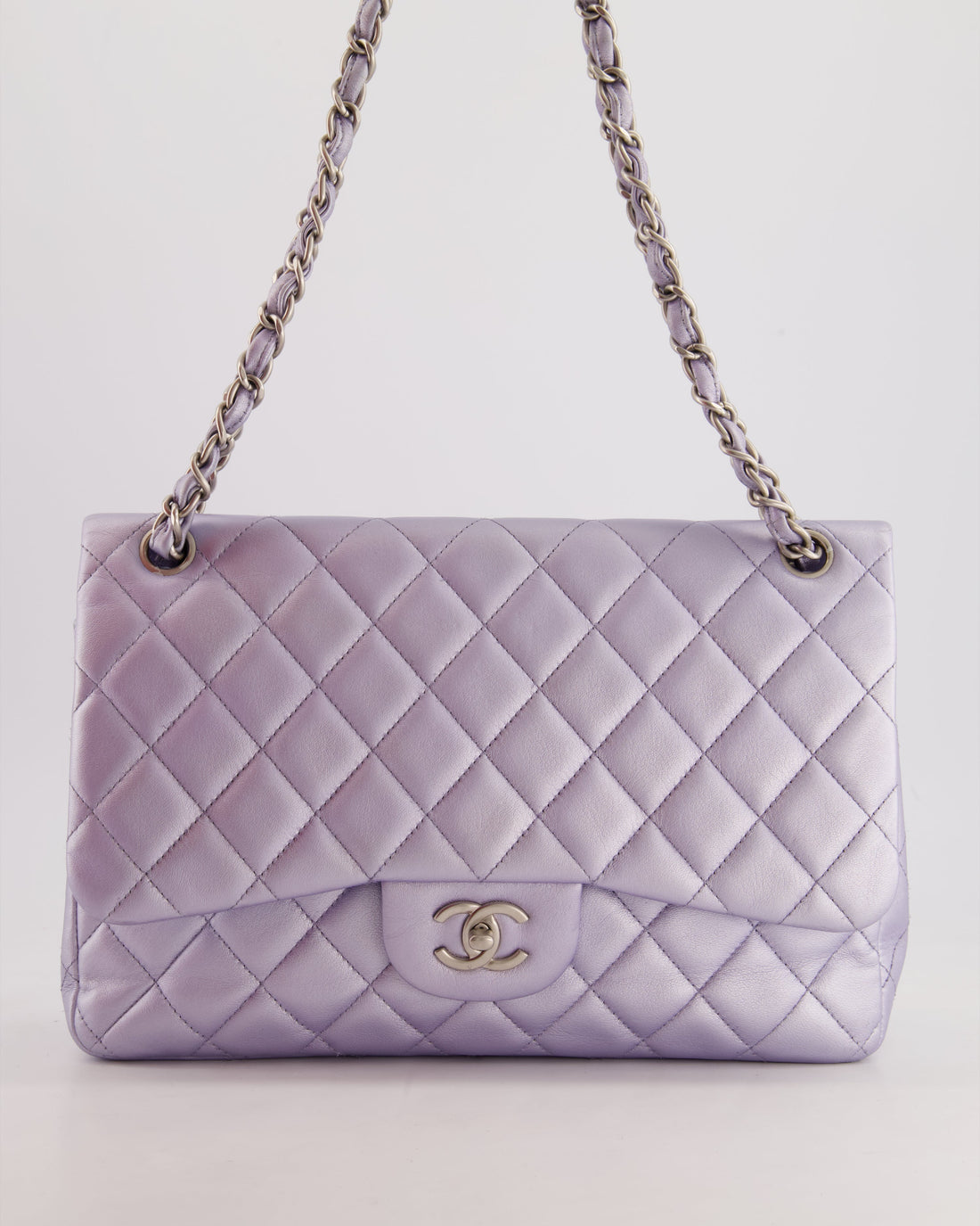 Top Quality Chanel Iridescent Lilac Purple Jumbo Classic Double Flap Bag in Lambskin Leather with Brushed Silver Hardware RRP ¬£9,240