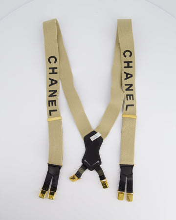 Top Quality Chanel  1990s Beige Black Logo Ski Suspender Braces