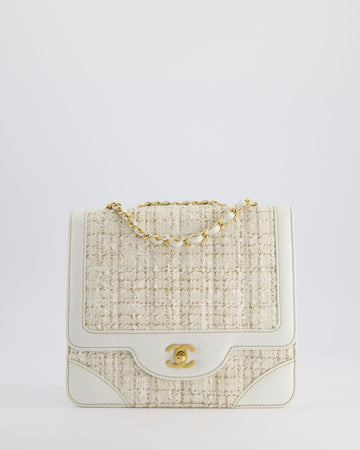 Top Quality Chanel Small White Tweed and Aged Calfskin Flap Bag with Brushed Gold Hardware