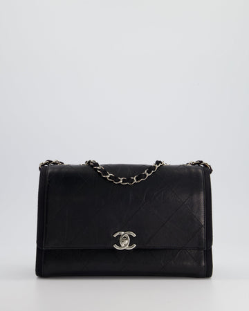 Top Quality Chanel Black Matelasse Crumpled Calfskin Leather Flap Bag With Silver Hardware and Grosgrain Fabric Detailing