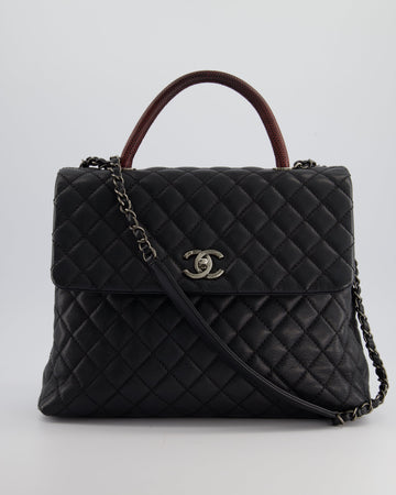 Top Quality Chanel Dark Grey Large Coco Top Handle Bag in Caviar Leather with Burgundy Python Handle and Ruthenium Hardware