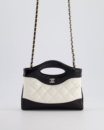 Top Quality Chanel Mini 31 Clutch Bag with Chain in Black and White Shiny Calfskin Leather with Champagne Gold Hardware