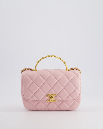 Top Quality Chanel Pink Single Flap Top Handle Bag in Lambskin Leather with Long Chain and Crystal CC Details in Gold Hardware