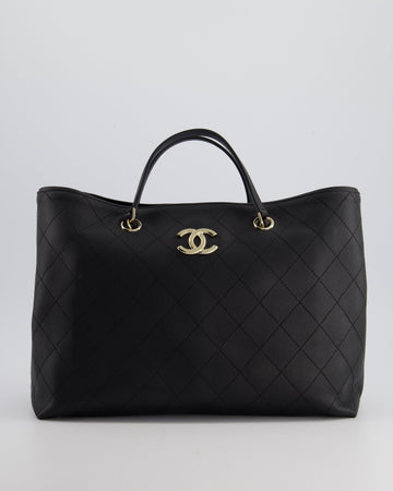 Top Quality Chanel Black Quilted Tote Bag in Calfskin Leather with Champagne Hardware & CC Detail
