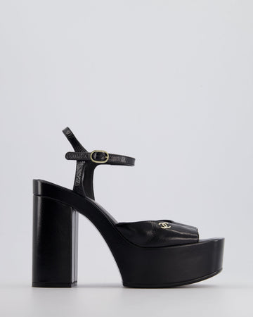 Top Quality Chanel Black Shiny Calfskin Platform High Sandal with CC Logo EU 38.5C