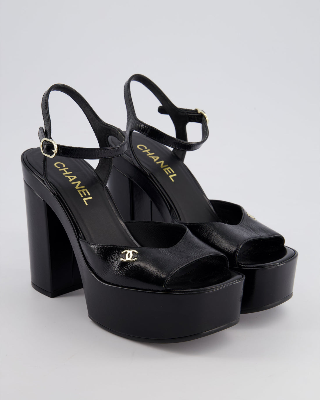 Top Quality Chanel Black Shiny Calfskin Platform High Sandal with CC Logo EU 38.5C