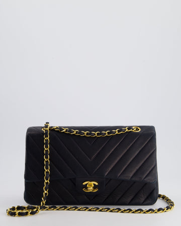 Top Quality Chanel Navy  Classic Medium Chevron Double Flap Bag in Lambskin Leather with 24K Gold Hardware