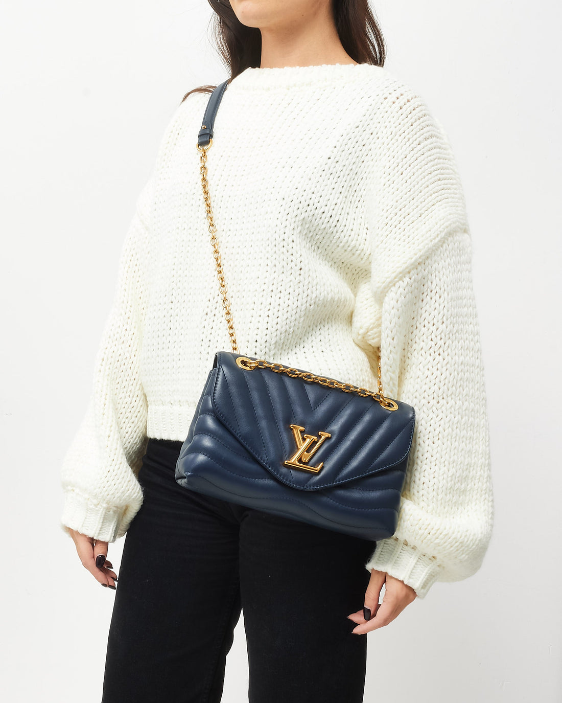 Louis Vuitton Navy Leather New 1:1 Replca Wave Chain MM Shoulder Bag