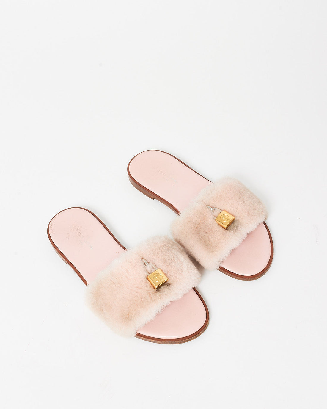 Louis Vuitton Pink Shearling & Lock Slides - 35