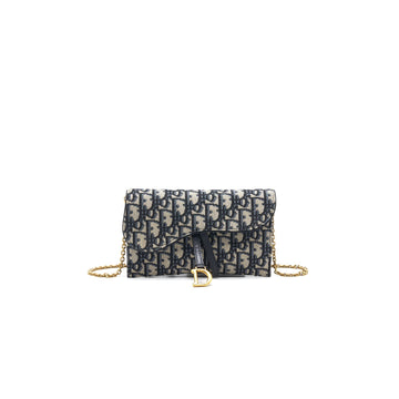 Top quality Dior Saddle Wallet with Chain Blue Oblique Jacquard