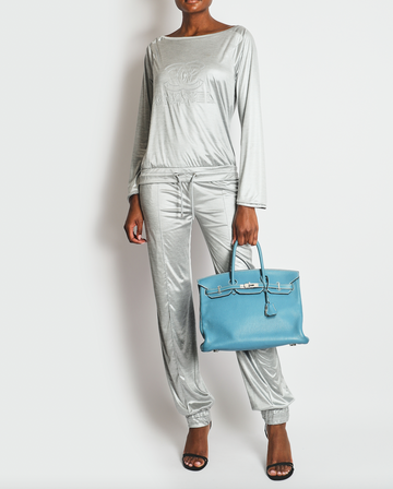 Top Quality Chanel Silver Metallic Jogger Set with CC Logo Details Size FR 36 (UK 8)