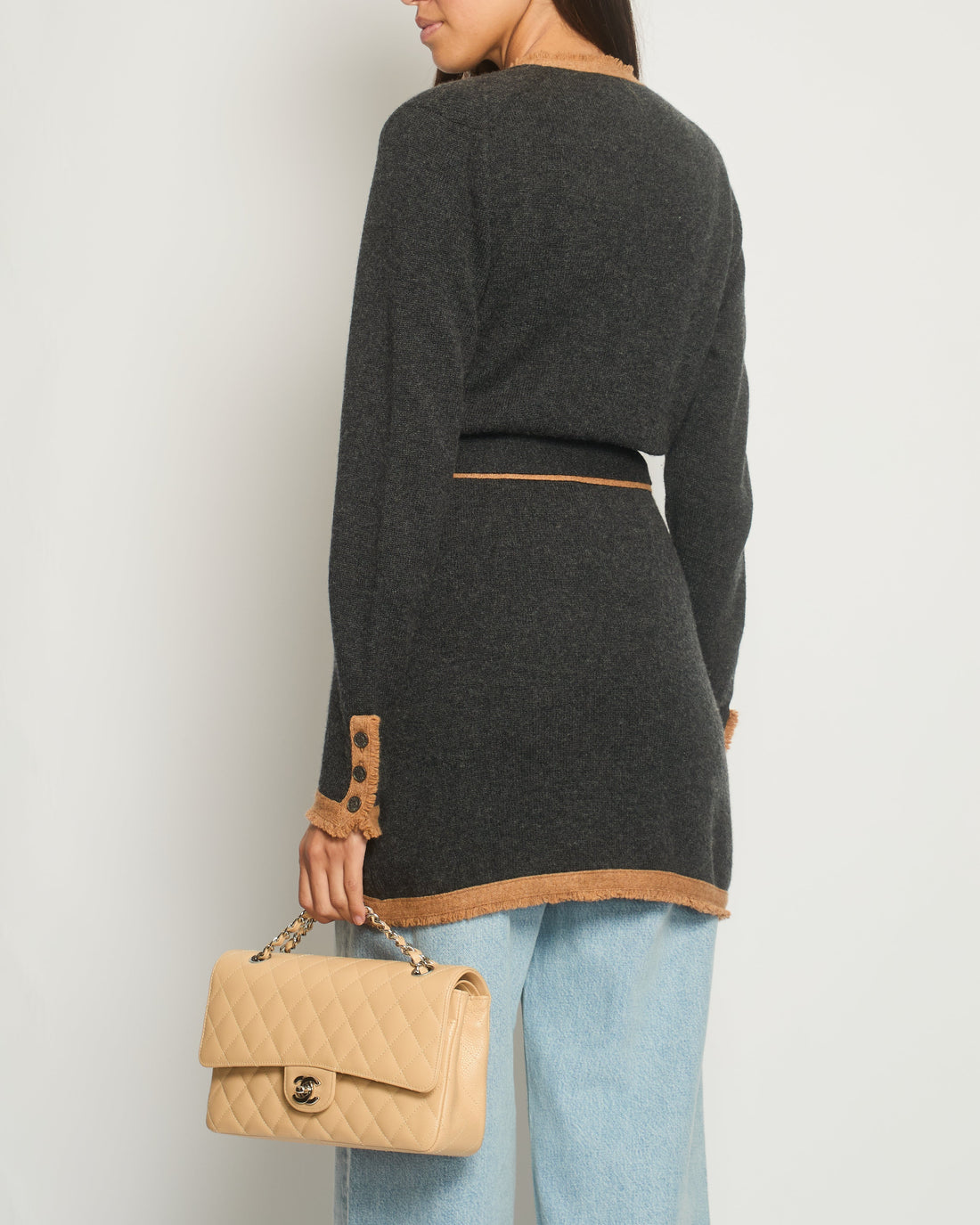 Top Quality Chanel 06/A Charcoal Long Line igan with Tie Detail FR 38 (UK 10)