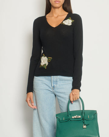 Top Quality Chanel Black Cashmere V-Neck Jumper with Embellished Flowers FR 38 (UK 10)