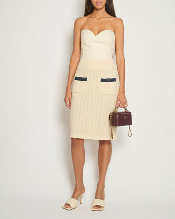 Top Quality Chanel Cream Knitted Midi Skirt with Navy Pocket Detail Size FR 42 (UK 14)