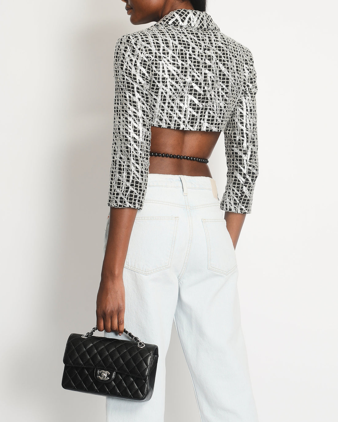 Top Quality Chanel Black & White Checked Tweed Backless Jacket with Silver Screen Print and Pearl Belt at the Back Size FR 34 (UK 4)