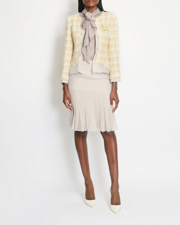 Top Quality Chanel 04C Yellow and White Tweed Jacket and Grey Silk Shorts Set with Camelia Tweed Pin Detail Size FR 36 (UK 8)