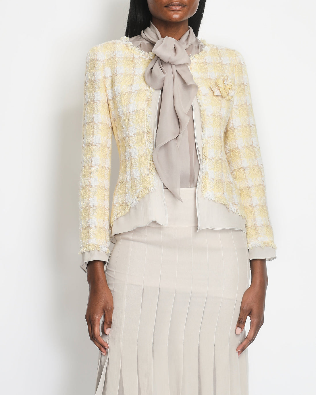 Top Quality Chanel 04C Yellow and White Tweed Jacket and Grey Silk Shorts Set with Camelia Tweed Pin Detail Size FR 36 (UK 8)