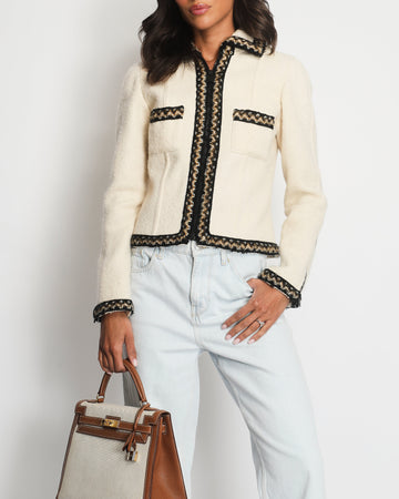 Top Quality Chanel Cream Tweed Jacket with Brown, White ZigZag Trim Detail Size FR 38 (UK 10)