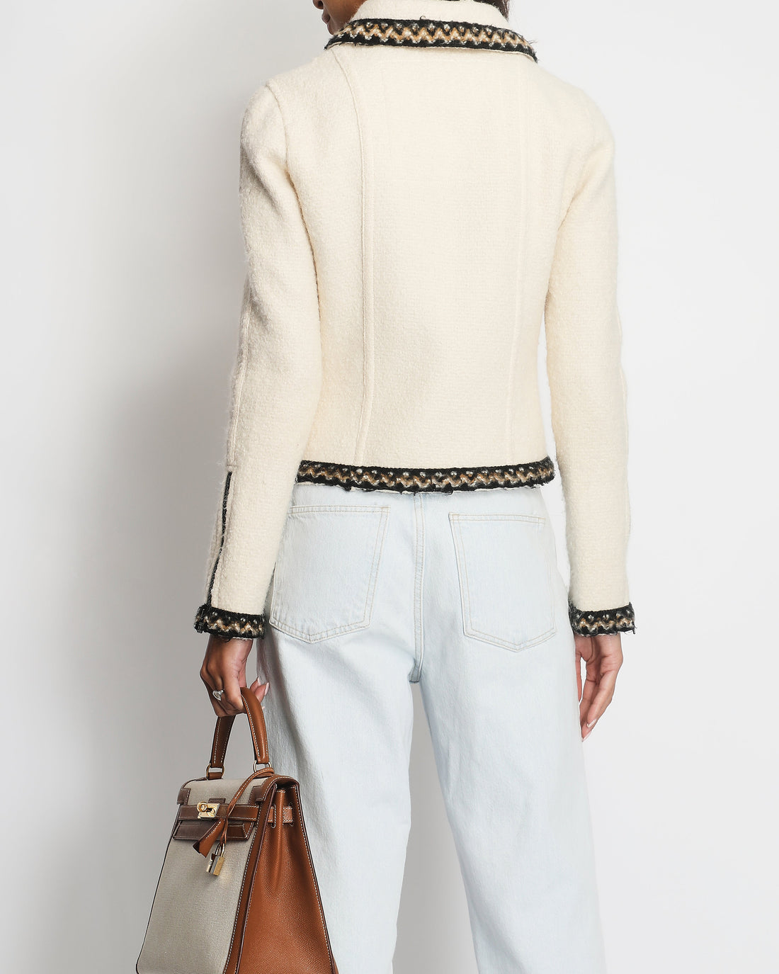 Top Quality Chanel Cream Tweed Jacket with Brown, White ZigZag Trim Detail Size FR 38 (UK 10)