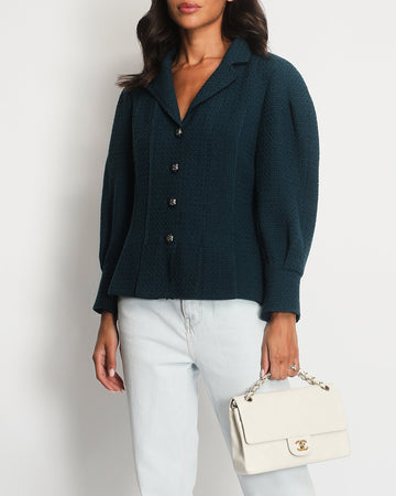Top Quality Chanel Teal Tweed Jacket with Silver Button Detail Size FR 40 (UK 12)