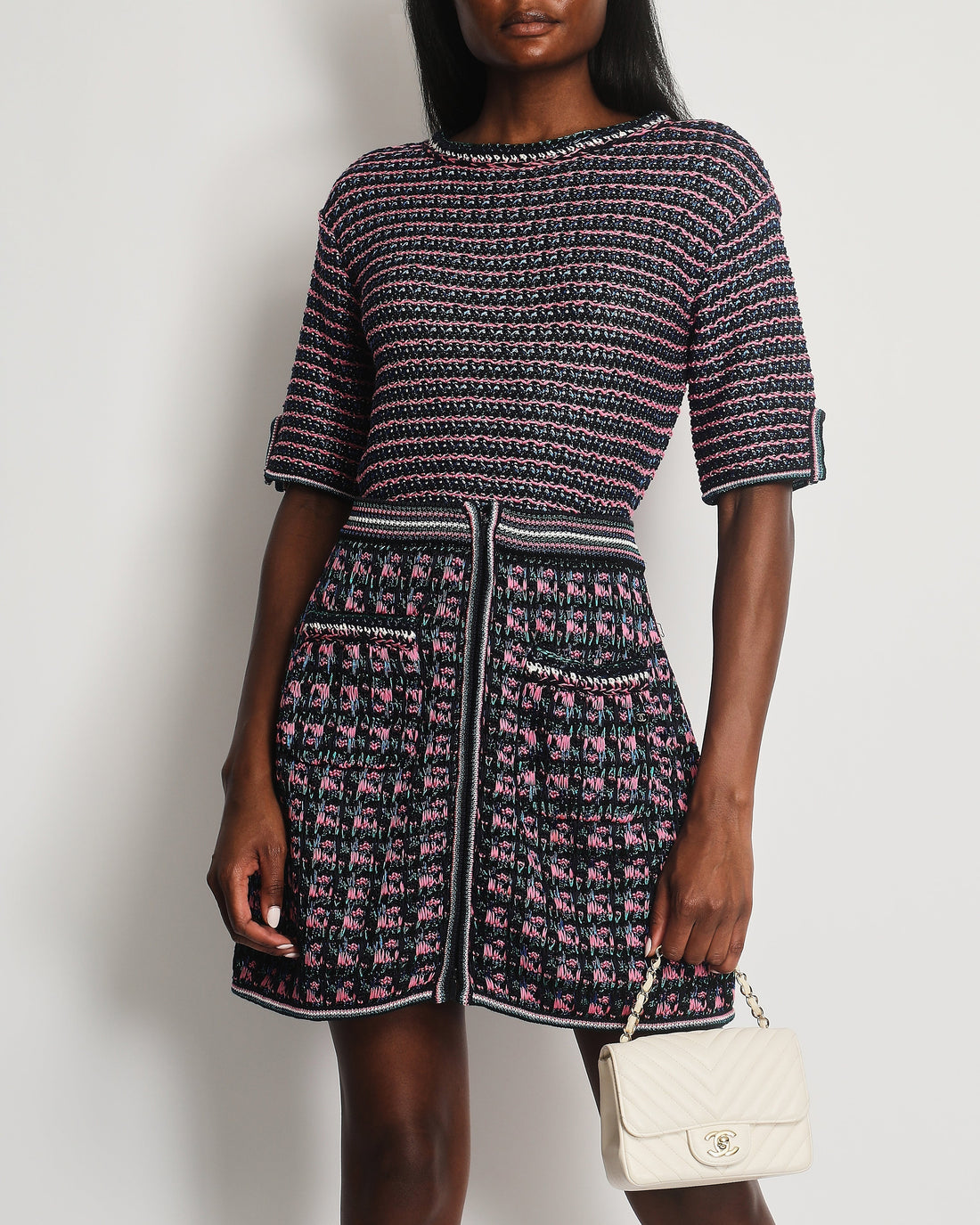Top Quality Chanel Black, Pink and Green Tweed Top and Mini Skirt Set with Metallic Fibres Size FR  38 (UK 10)