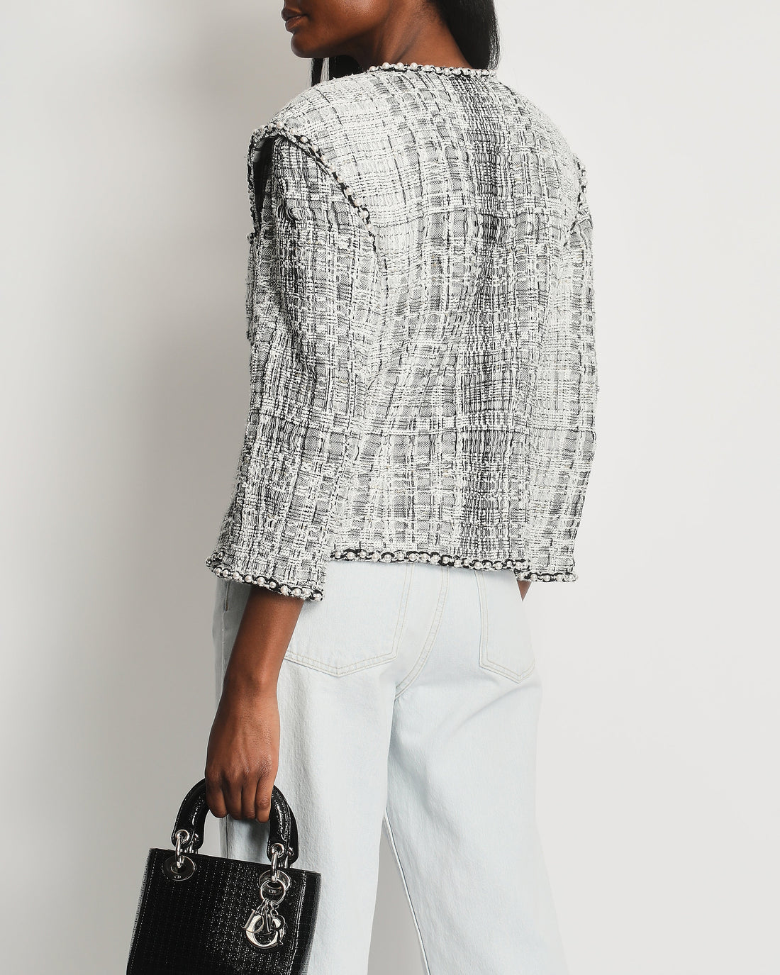 Top Quality Chanel White and Black Runway Tweed Jacket with Pearl Detail FR 42 (UK 14)