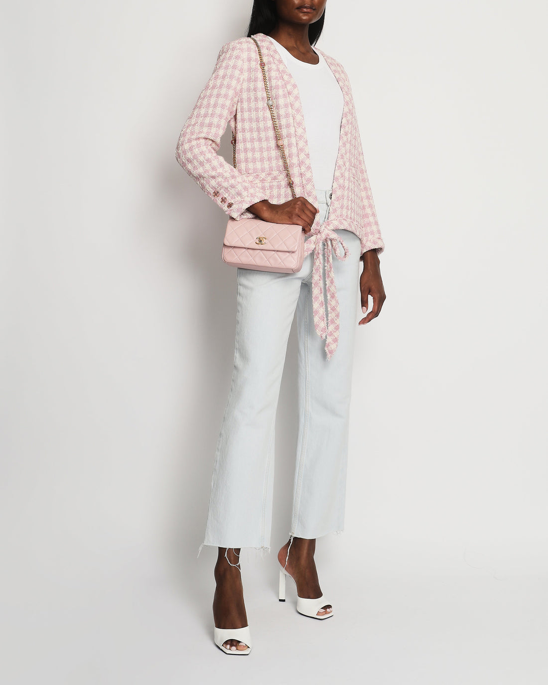 Top Quality Chanel Cream and Pink Houndstooth Tweed Jacket with Tie Waist Size FR 40 (UK 12)