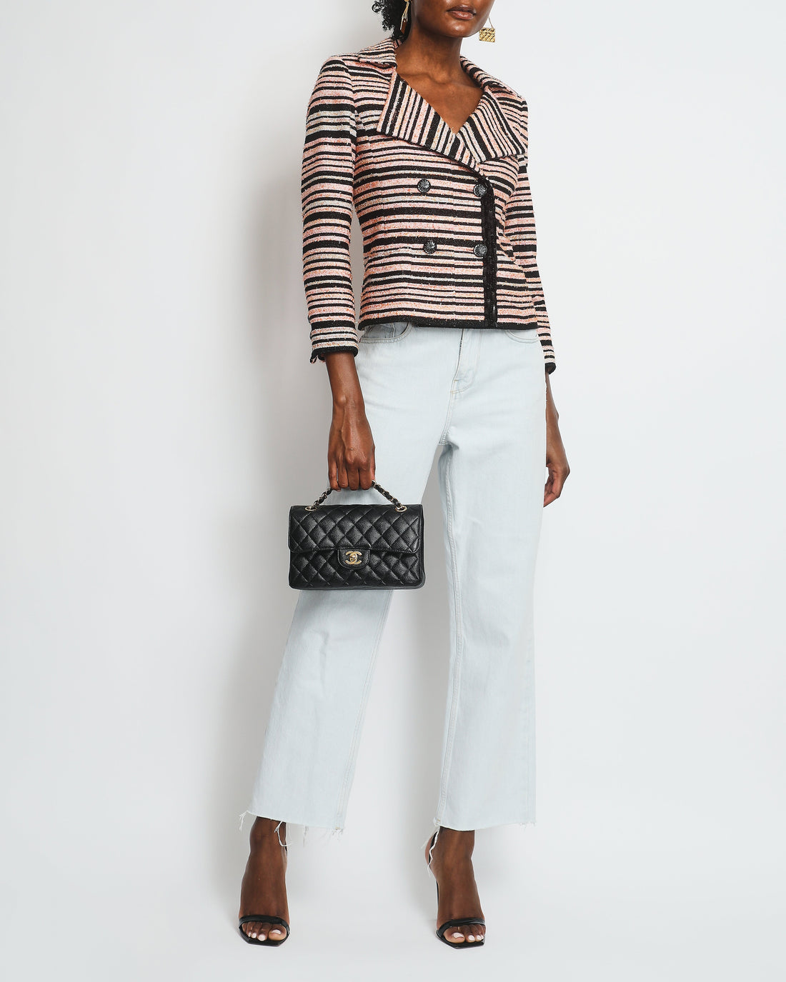 Top Quality Chanel Peach Black Stripe Tweed with Sequin Details SS 2020 Collection Jacket Size 36 (UK 8) - RRP ¬£8,000