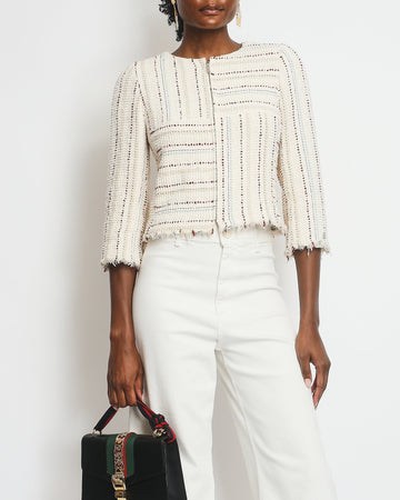Top Quality Chanel Cream, Blue and Red Tweed Zip Jacket with Cropped Sleeves Size FR 36 (UK 8)