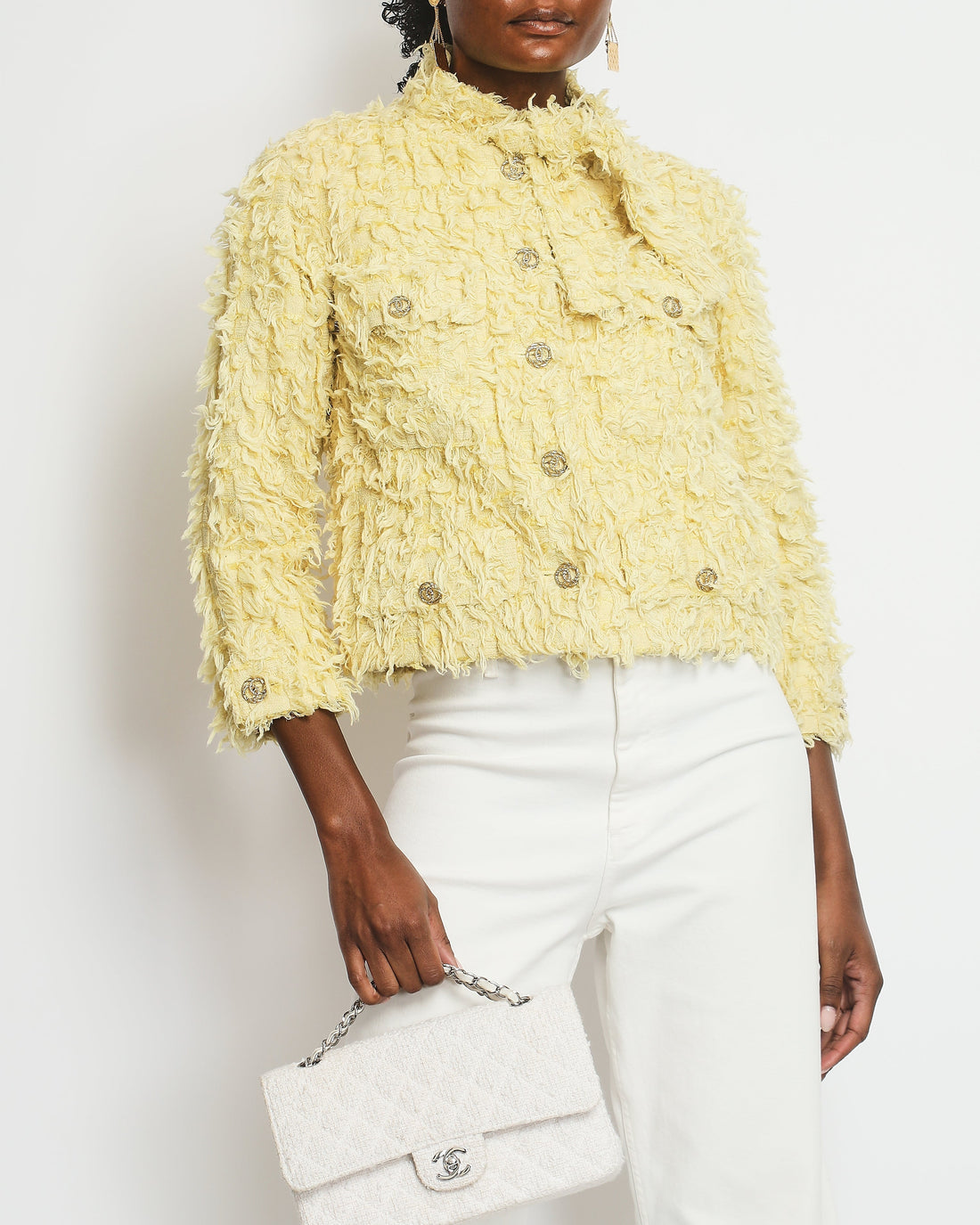 Top Quality Chanel Cruise 2021 Yellow Textured Jacket with Neck Tie Detail FR 34 (UK 6)