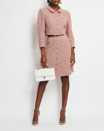 Top Quality Chanel Blush Pink Tweed Cropped Jacket & Midi Skirt Suit with Gold CC Logo Buttons Size FR 40 (UK 12)