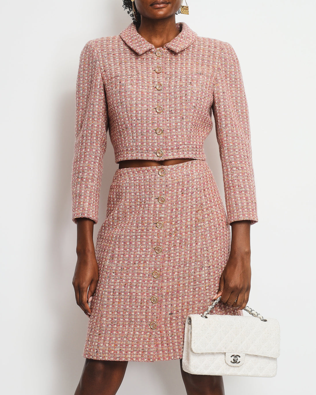 Top Quality Chanel Blush Pink Tweed Cropped Jacket & Midi Skirt Suit with Gold CC Logo Buttons Size FR 40 (UK 12)