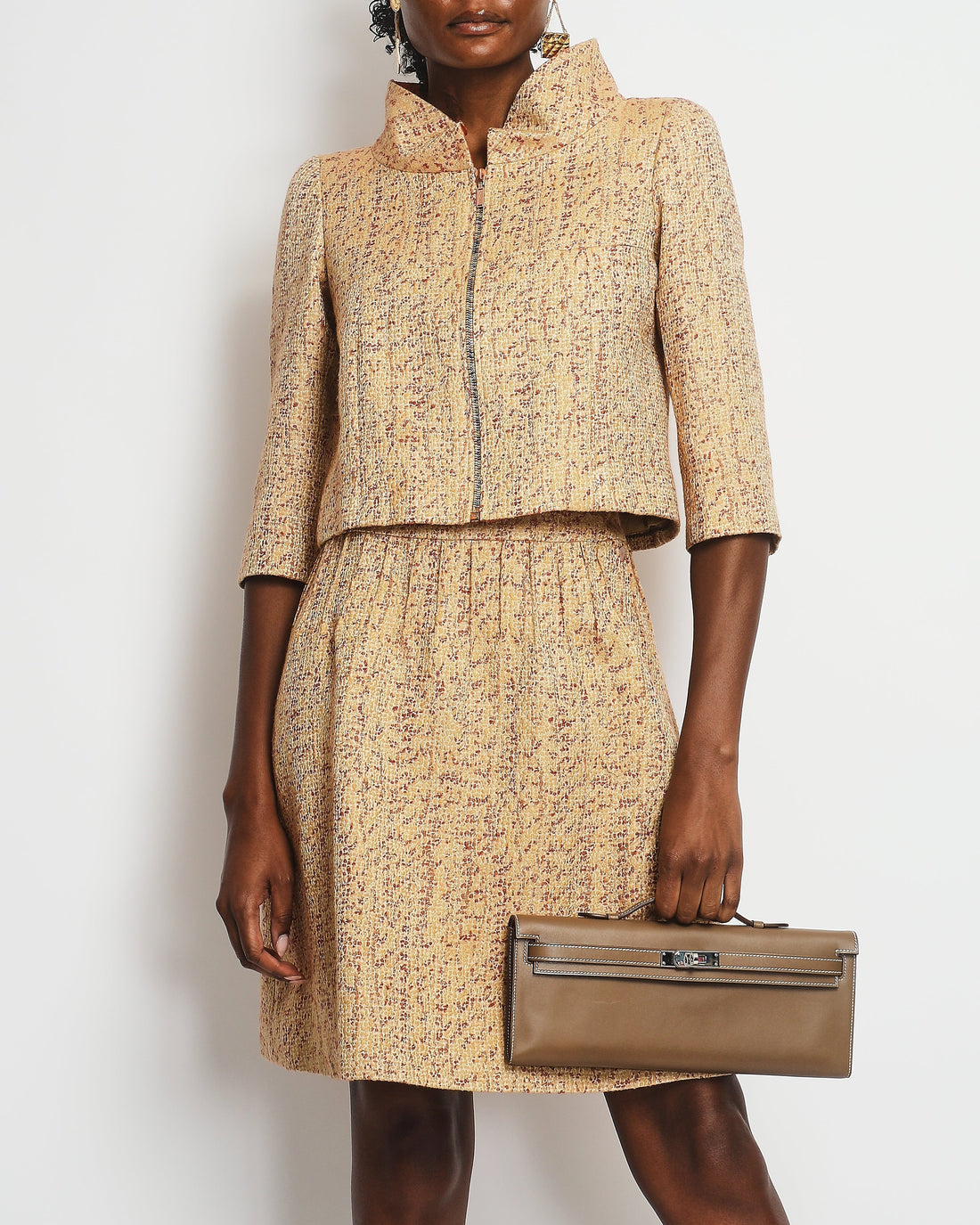 Top Quality Chanel 01/P Spring 2001 Beige, Burgundy Two-Piece Jacket and Skirt Set FR 34 (UK 6)