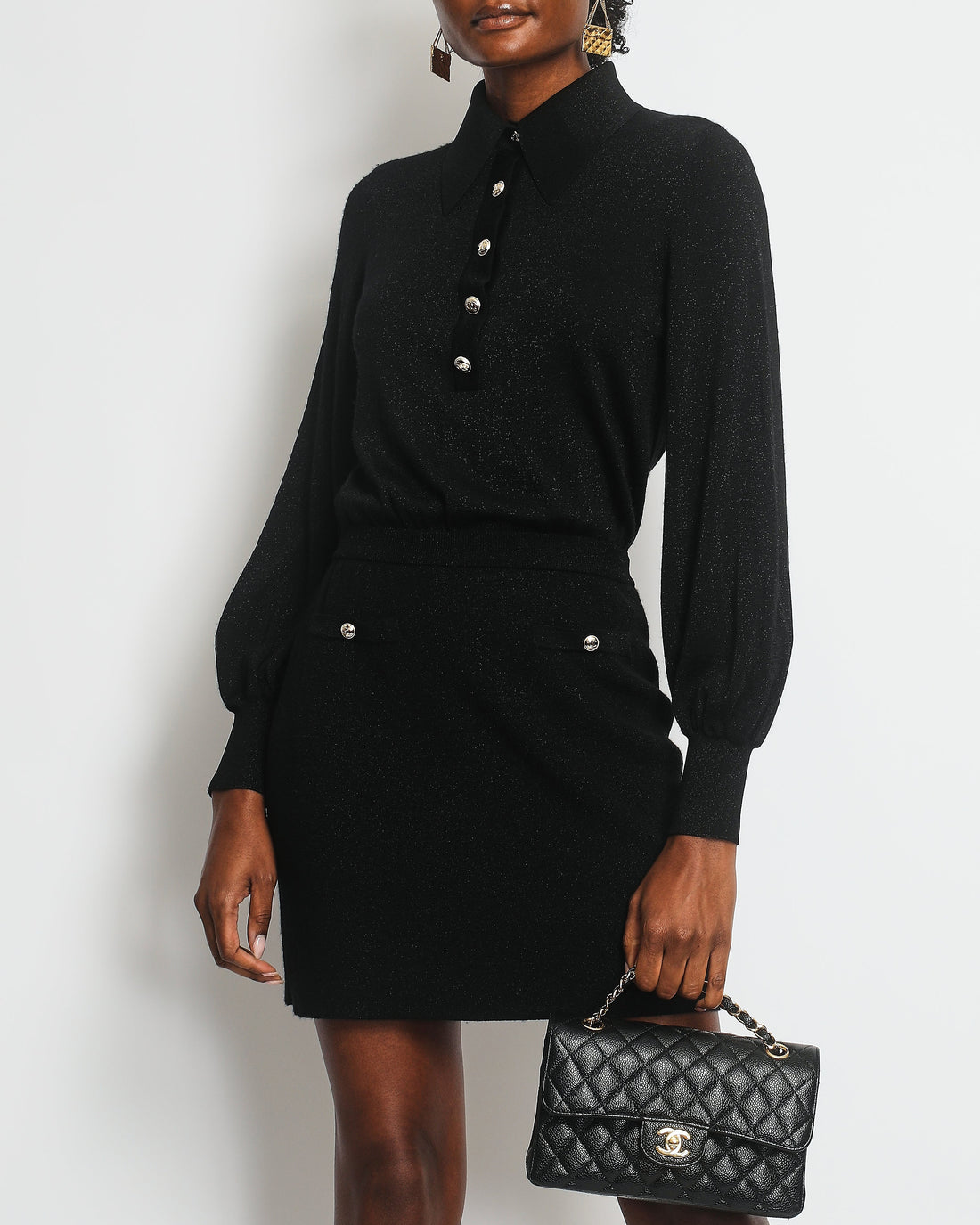 Top Quality Chanel 20K Black Long Sleeve Metallic Dress with Gold Buttons RRP ¬£3,000 SIZE 34 (UK 6)