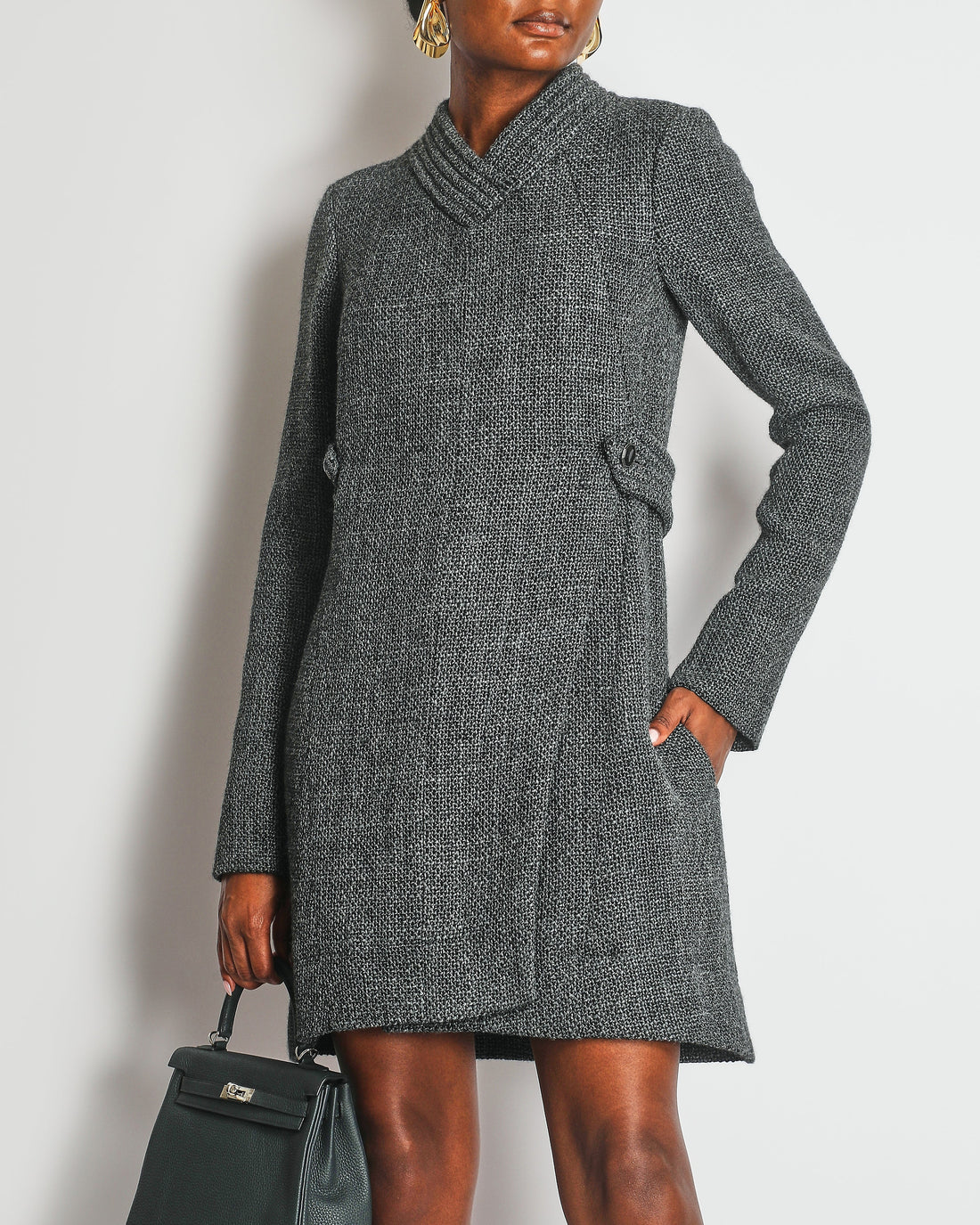 Top Quality Chanel 12A Grey Tweed Long-Sleeve Mini Dress with Belt Detail Size FR 38 (UK 10) RRP ¬£3,050