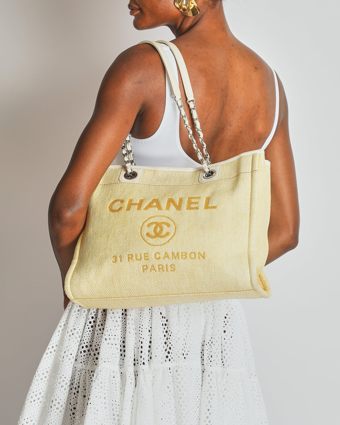 Top Quality Chanel Yellow Raffia Small Deauville Tote Bag with Silver Hardware