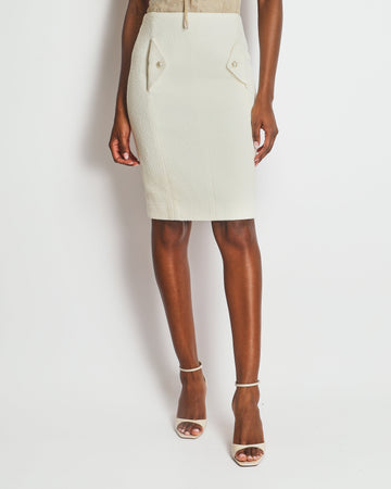 Top Quality Chanel 20S Cream Tweed Midi Skirt with Pearl CC Logo Details and Pockets Size FR 34 (UK 6)