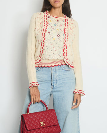 Top Quality Chanel 05/C Ivory and Red igan Top Set with Eyelet and Crochet Detail FR 38 (UK 10)