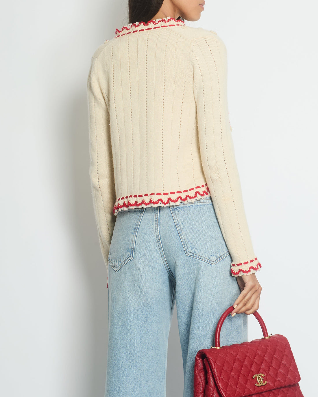 Top Quality Chanel 05/C Ivory and Red igan Top Set with Eyelet and Crochet Detail FR 38 (UK 10)