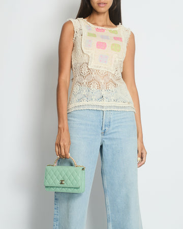 Top Quality Chanel Cream Crochet Sleeveless Top with Multicoloured Detail FR 36 (UK 8)