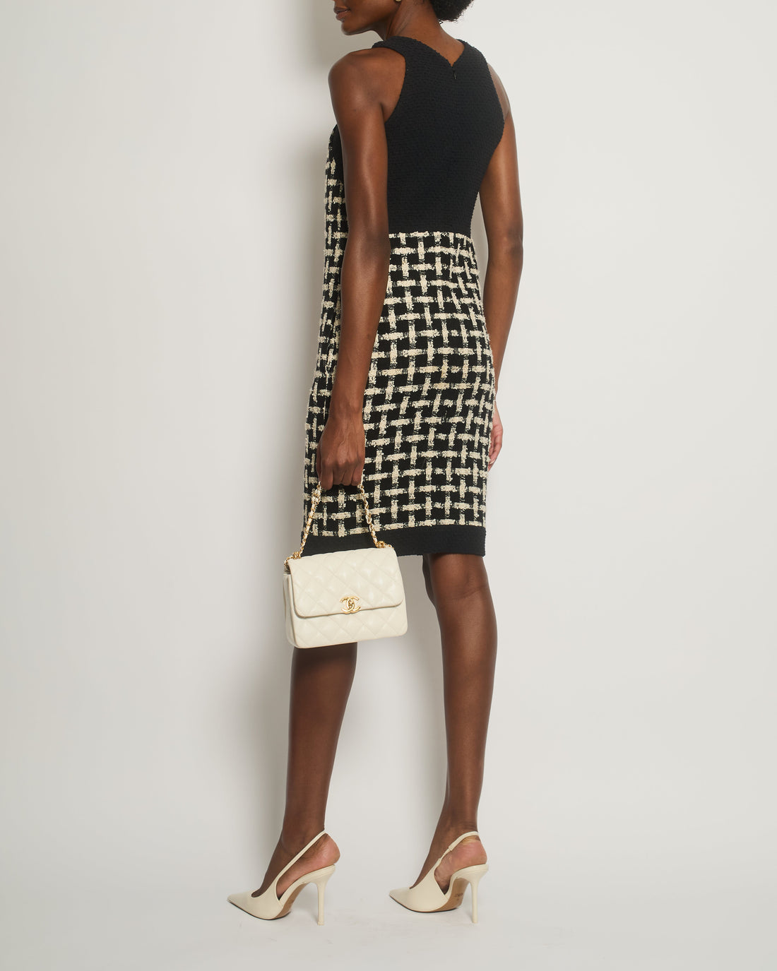 Top Quality Chanel 09P Black, White Check Halter-Neck Detail Sleeveless Tweed Dress Size FR 36 (UK 8)